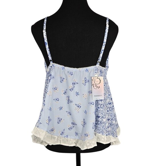 NWT | Veenily Blue Floral Patchwork Tie Front Tank Top with Lace Trim | Large - Picture 2 of 5